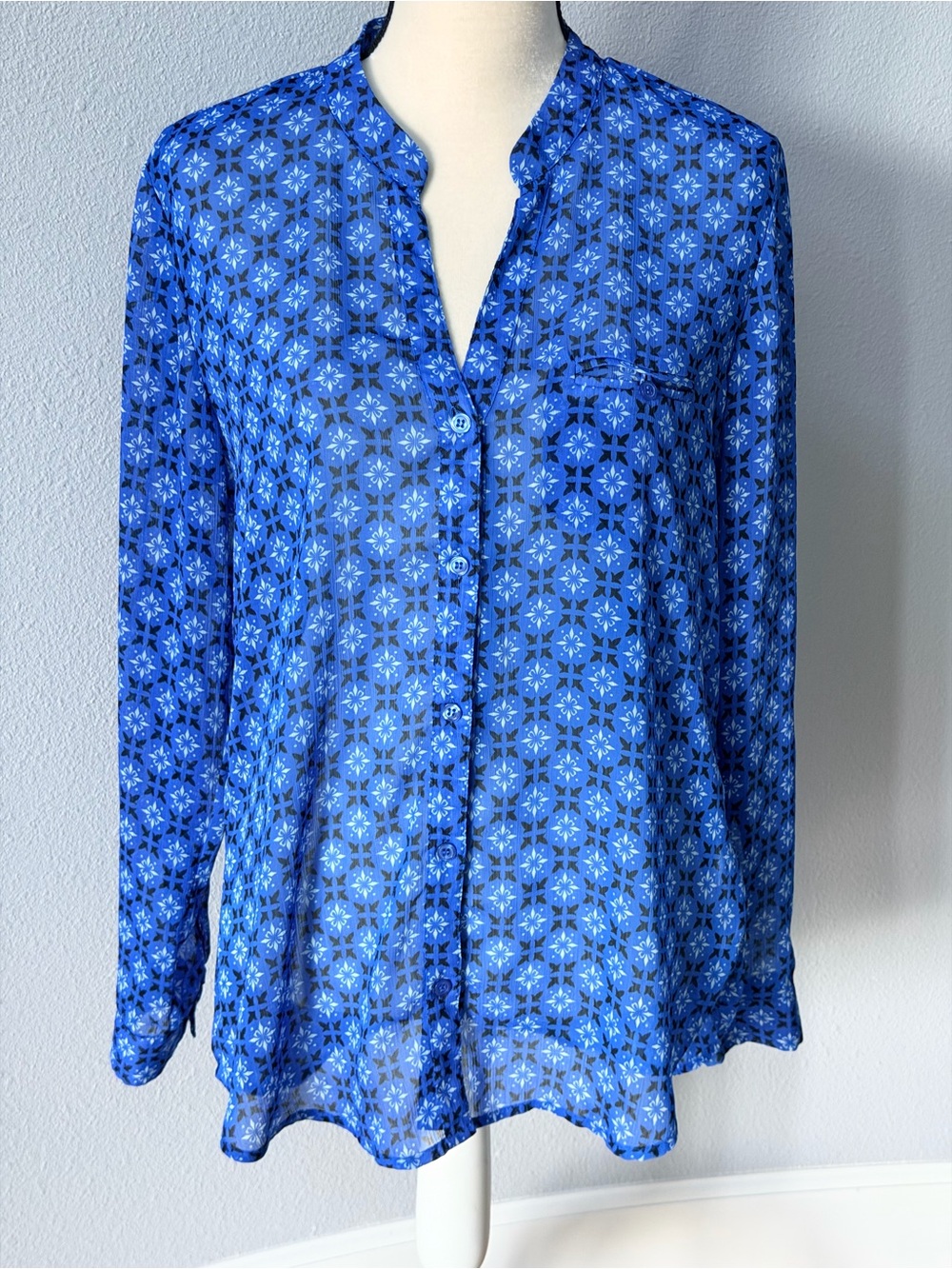 KUT from the Kloth Royal Blue Geometric Tile Print Sheer Blouse Top Large